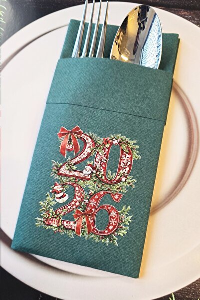 PEKSHOP Kumaş Dokulu Yeşil 2026 Yazılı Yılbaşı Çiçekleri Tasarım Cepli Yılbaşı Peçetesi 6lı Paket