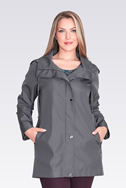 TOLGA SARAÇOĞLU 60131 Gray Unassembled Hooded Turn-Up Collar Relaxed Fit Trench Coat