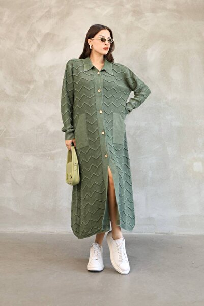 AYASOFYA OTANTIK Women's Khaki Shirt Collar Button Closure Pocketed Vintage Loose Cotton Knitwear Long Cardigan Cap