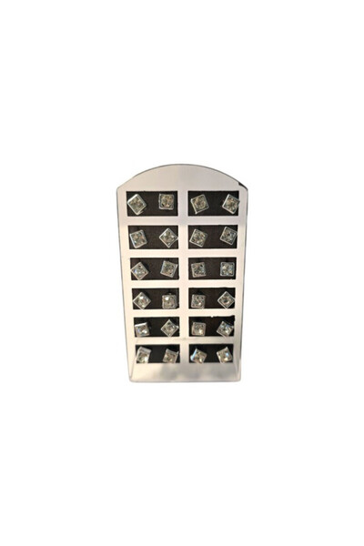 OEM Set Cercei Patrati cu Stras, montura argintie, 12 perechi, negru, 0.8x0.8cm