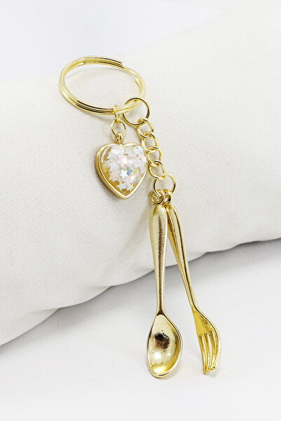 biuti سلسلة مفاتيح مصغرة على شكل قلب ذهبي مقوس مع شوكة وملعقة، سلسلة مفاتيح م...