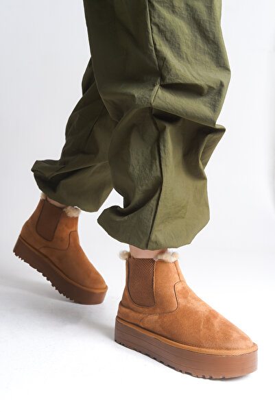 LUFENS Aria Kadın Kışlık Kalın Taban İçi Kürklü Süet Taba Lastikli Bot