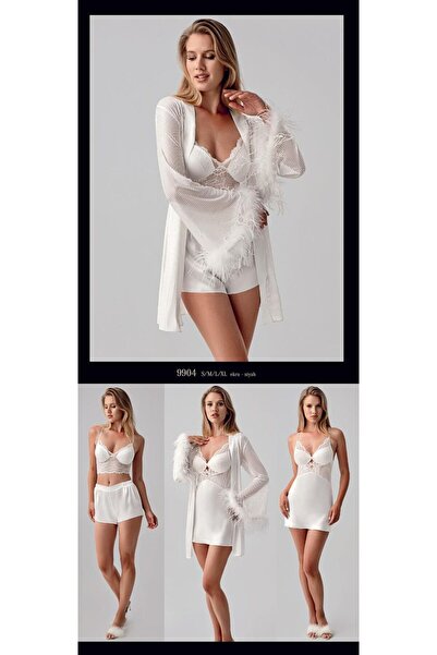 Pimody Set de pantaloni scurți pentru femei, din satin ecru, din 4 piese