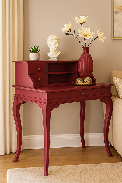 Wooding Mobilya 100 Cm 5 Çekmeceli Masif Bordo Raflı Çalışma Masası