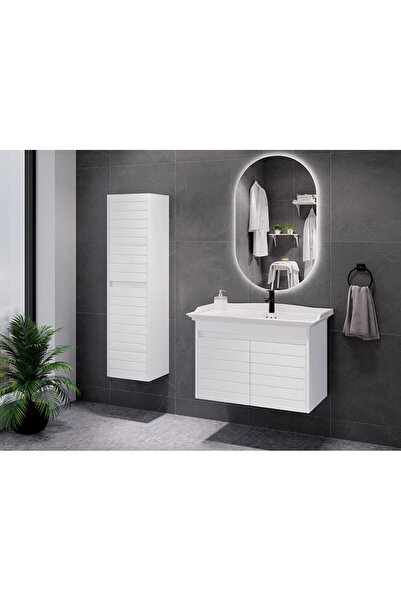 ROSEART BANYO SARAY BEYAZ 80CM BANYO DOLABI SET HALİNDE LED AYNA + ALT MODÜL + SERAMİK LAVABO + BOY DOLAP
