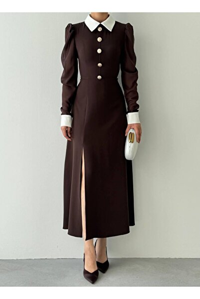 Julidress Φόρεμα Premium με λαβές καφέ, λεπτομέρεια από τούλι με κουμπιά και σκίσιμο