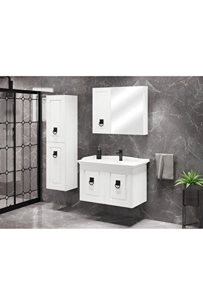 ROSEART BANYO KAŞMİR BEYAZ 80CM BANYO DOLABI SET HALİNDE AYNALI ÜST MODÜL + ALT MODÜL + SERAMİK LAVABO + BOY DOLAP