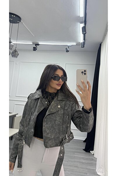 Daves Krátká motorkářská bunda z antracitové kůže s podšívkou a páskem