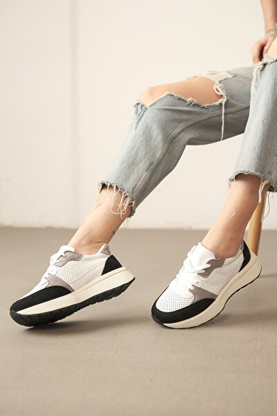 guijarro Tenis alb-negru-afumat pentru femei |   Combinație de trei culori |   Pantofi sport cu talpă înaltă