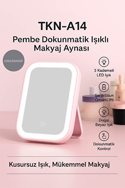 CNGZSHOP Pembe Dokunmatik LED Işıklı Masaüstü Makyaj Aynası | Şarjlı & 3 Kade...