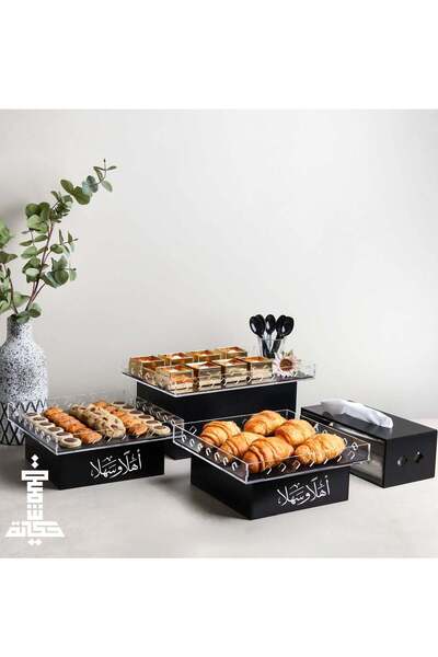 Story of candle Buffet table set, 3 boxes with tissue box, black, engraved with the phrase "Welcome"