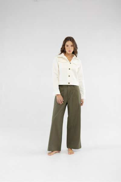 Voguso Pileli Palazzo Pamuk Yeşil Kadın Pantolon