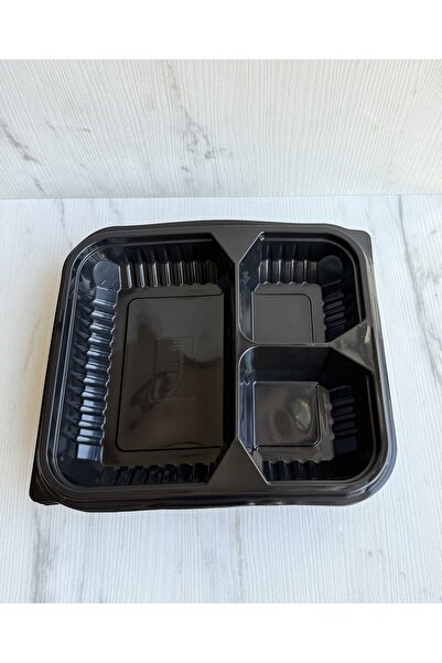 maycup Siyah Plastik Kapaklı Yemek Kabı Mikrodalga Kabı 3 Bölmeli 10 Adet