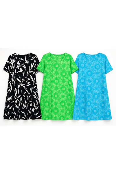 SCHIK Women's 3-Piece Viscose Dress Set–Black Patterned, Turquoise Batik, Green Batik–Comfortable and Stylish Casual Dress