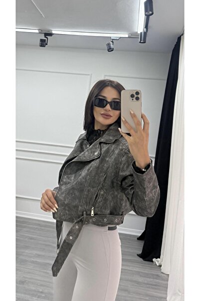 Daves Krátká motorkářská bunda z antracitové kůže s podšívkou a páskem