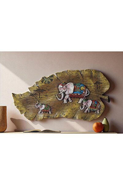 e-life shop Lüks İşlemeli Yaprak Üzerinde Fil Ailesi Dekoratif Duvar Tablosu ...