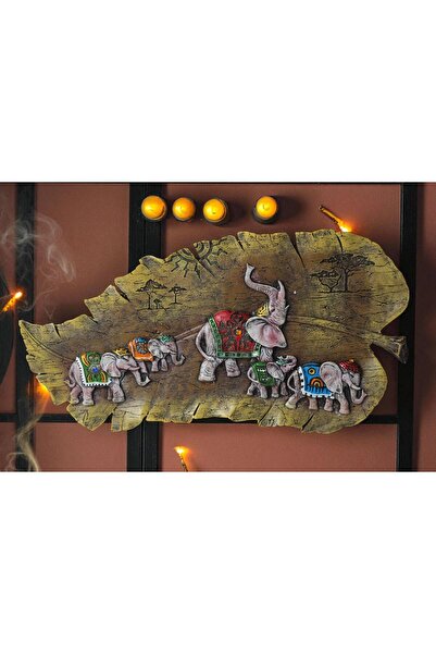 e-life shop Lüks İşlemeli Yaprak Üzerinde Fil Ailesi Dekoratif Duvar Tablosu ...