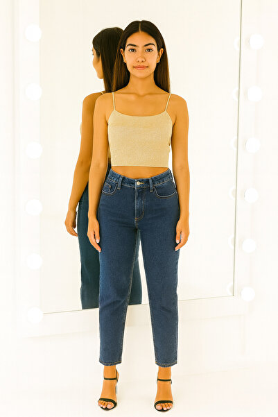 ŞIK VE MUTLU Blue High Waist Mom Jeans Denim Pants