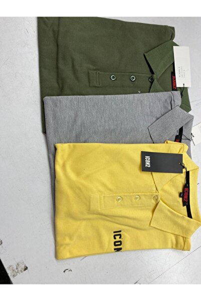 MARKATEM Men's Slim Fit Yellow-Gray Khaki Cotton Fabric Non-Curling Polo Collar T-Shirt Icon2 Themed 3-Piece Set