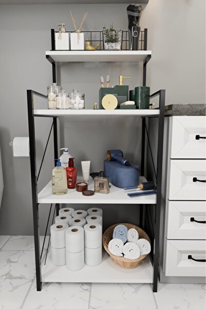 Steel Design 4 Katlı Banyo Rafı,Metal Çerçeveli Ahşap Raflı Çok Amaçlı Organizer,Temizlik Malzemesi Düzenleyici