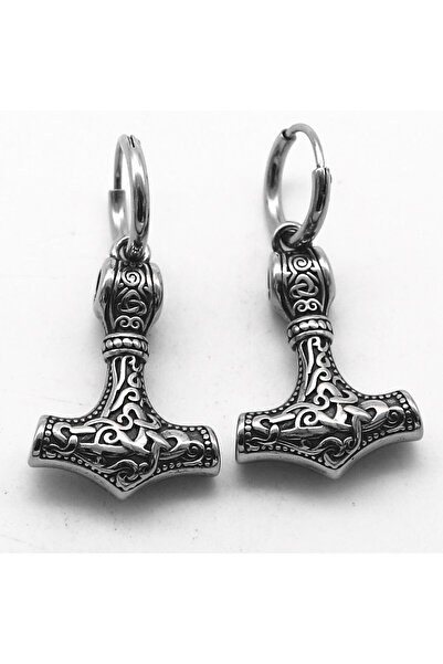 Viking Iskandinav Motifli Thor Mjollnir Halka Geçirmeli 316L Paslanmaz&Kararmaz Çelik Küpe Çift