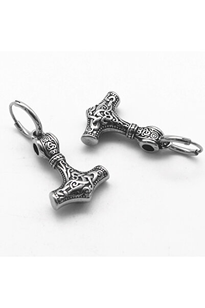Viking Iskandinav Motifli Thor Mjollnir Halka Geçirmeli 316L Paslanmaz&Kararmaz Çelik Küpe Çift