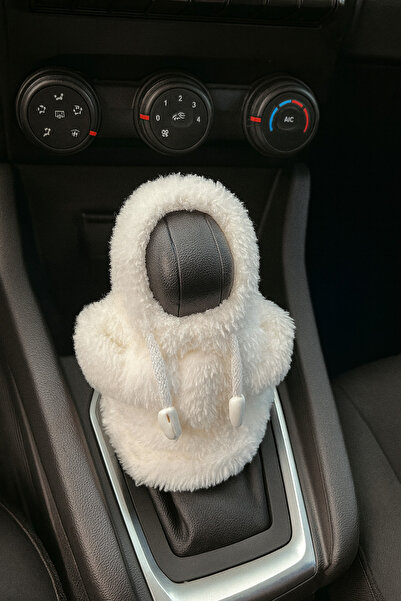 Çiçek Antalya Plush Gear Shift Cover with Cream Hoodie Design – Soft Winter Car Accessory