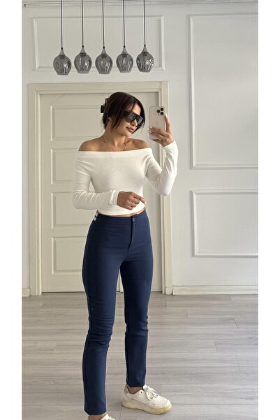 Daves Pantaloni din material textil croială cu detaliu elastic la spate, albastru închis, morcov