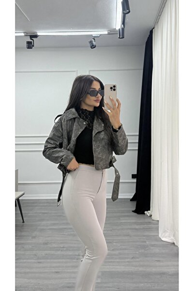 Daves Krátká motorkářská bunda z antracitové kůže s podšívkou a páskem