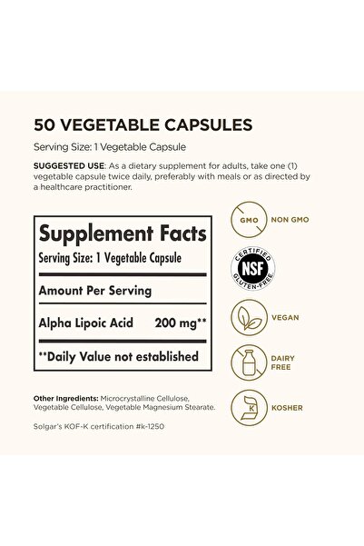 Solgar Alpha Lipoic Acid | 200 mg | 50 Vegetable Capsules | Antioxidant Support | Non-GMO | Gluten,