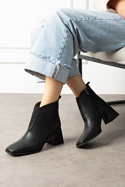 ShoeTek Rayt Kadın Bot Kalın Topuklu Fermuarlı Siyah Deri