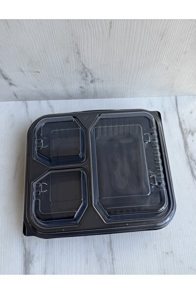 maycup Siyah Plastik Kapaklı Yemek Kabı Mikrodalga Kabı 3 Bölmeli 10 Adet
