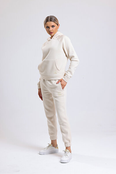 MELA ROSSA Women's Stone Hooded Pocketed 3 Thread Sweattshirt Ribbed Tracksuit Set