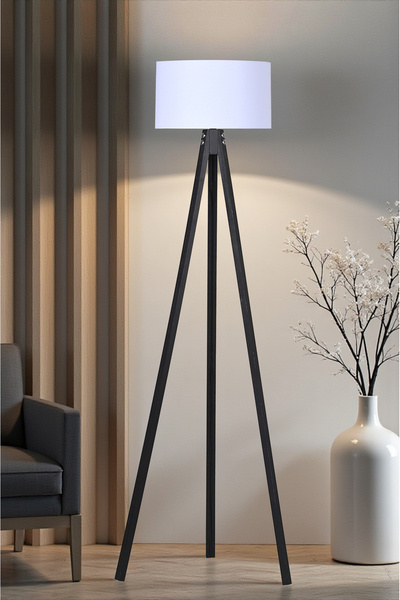 Lambazade Ahşap Gövdeli Siyah Ayaklı Lambader Beyaz Başlık