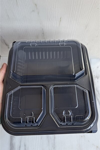 maycup Siyah Plastik Kapaklı Yemek Kabı Mikrodalga Kabı 3 Bölmeli 10 Adet