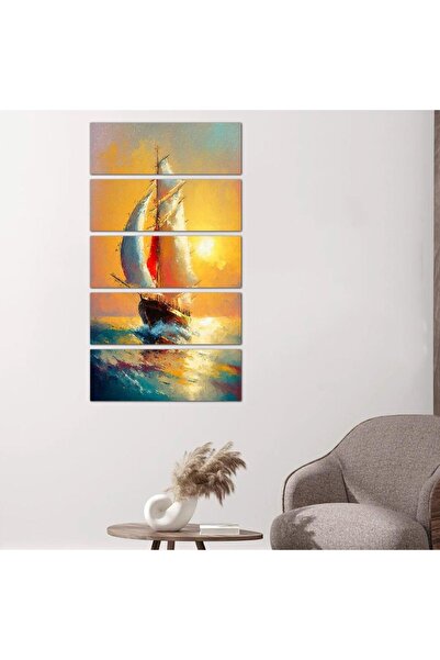 Generic Mural painting of a ship at sunset - 24150 - divided into five equal pieces