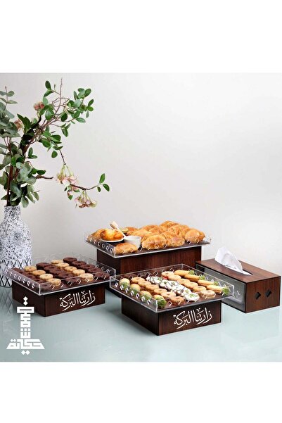 Story of candle Buffet table set, 3 boxes with tissue box, brown color, engraved with the phrase "Blessings visited us"