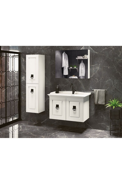 ROSEART BANYO ALİZE BEYAZ 80CM BANYO DOLABI SET HALİNDE AYNALI ÜST MODÜL + ALT MODÜL + SERAMİK LAVABO + BOY DOLAP