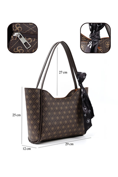 SHAKA Monogram Baskılı Kahverengi SHK240 Suni Deri Fermuarlı Tek Bölmeli Fular Hediyeli El,Kol ve Omuz Çan