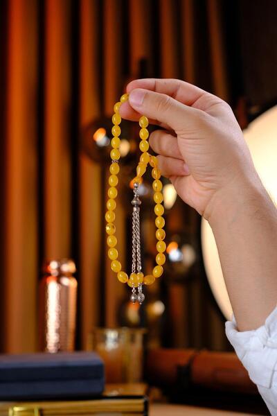 dergah tesbih Elegant Design Silver Tassel Fire-I Crimped Amber Prayer Beads