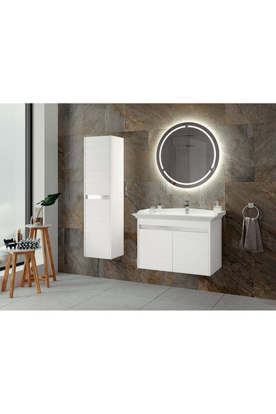 ROSEART BANYO ESTELLA BEYAZ 80CM BANYO DOLABI SET HALİNDE LED AYNA + ALT MODÜL + SERAMİK LAVABO + BOY DOLAP