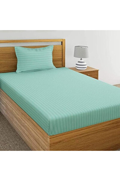 Kotonia Home Cuvertură de pat elastică, 100% bumbac, satin damasc, dungi mărime 1 cm, verde mentă, 180x200+25 cm