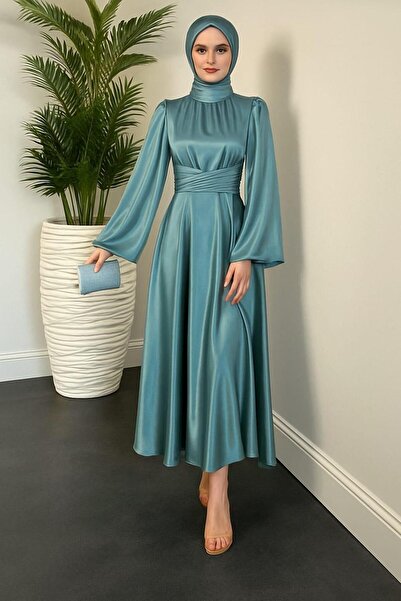 Modafeminen İspanyol Kol Beli Dolamalı Saten Abiye Elbise Mint 583163