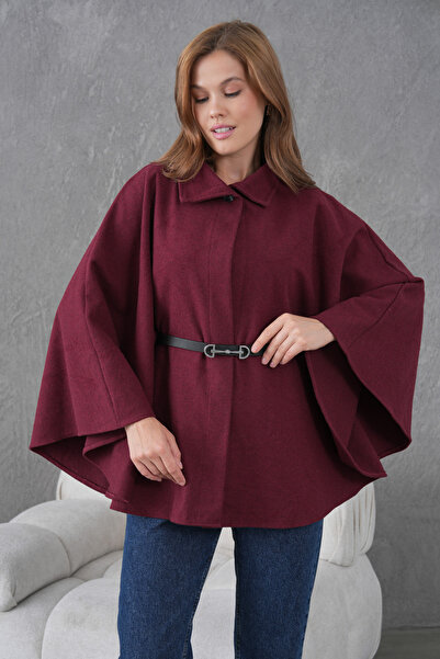 beeke Women's Waist Belted Cashmere Burgundy Poncho Stylish Oversize Trendy and Comfortable Modern Outerwear Beeke-1484