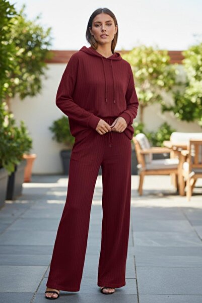 Mossta Comfortable Fit Hooded Wide Leg Corduroy Women's Set – Burgundy