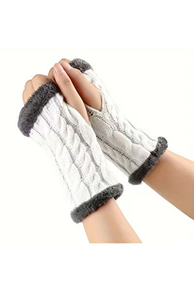 TATA CRAFT Зимові в'язані рукавички без пальців з хутром, сірі, спеціальний дизайн, з термохутром всередині