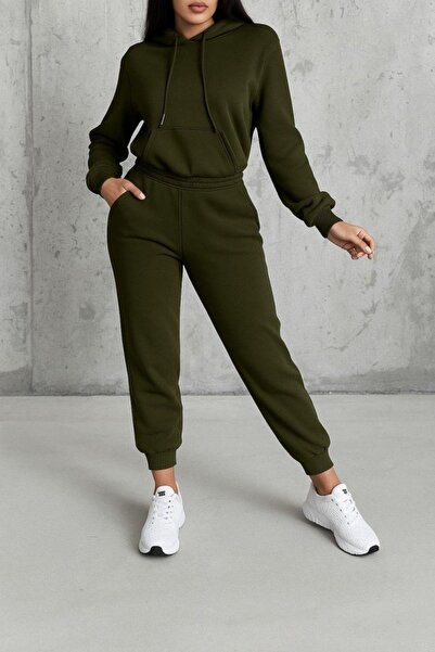 Mossta Hooded Pocket Three Thread Fabric Blouse Pants Two Piece Set - Green