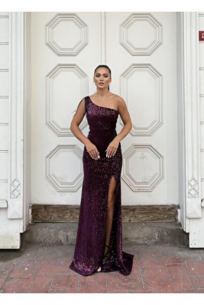 Modafeminen Trend Kadife Yırtmaçlı Elbise Açık Mor 583150