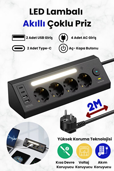 Yussraw Akım korumalı priz 4'LÜ Priz 2X-usb 2X,-ype-C Çıkışlı Grup Priz Çoğal...