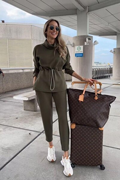 Mossta Turtleneck Elastic Modal Blouse Pants Two-Piece Set - Green